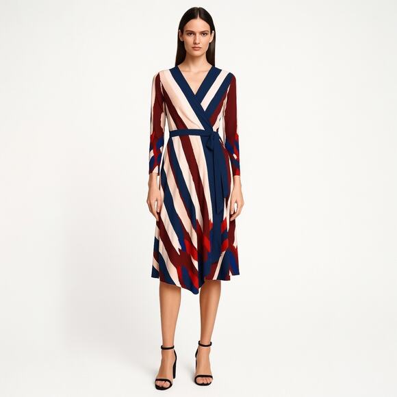 BCBGMaxAzria Dresses & Skirts - BCBGMaxazria Isabella Multicolor Striped Long Sleeve Midi Wrap Dress Size S